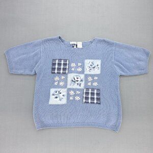 Vtg Capacity Blue Knit Sweater Floral Embroidered Plaid M Cottagecore Card